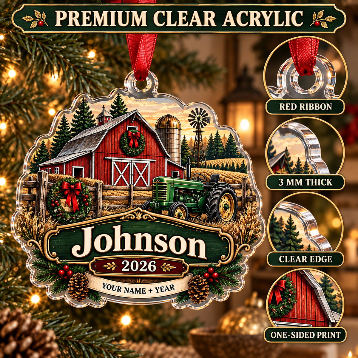 Personalized Three Generation Family Farm Acrylic Ornament — Flat acrylic material