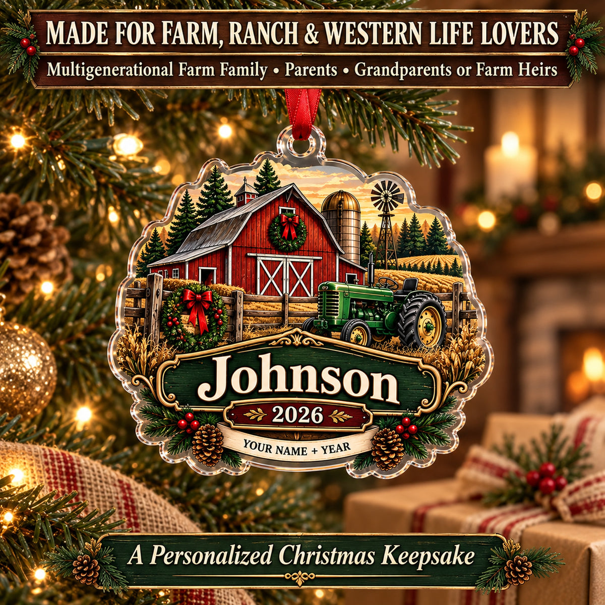 Personalized Three Generation Family Farm Acrylic Ornament — Size guide