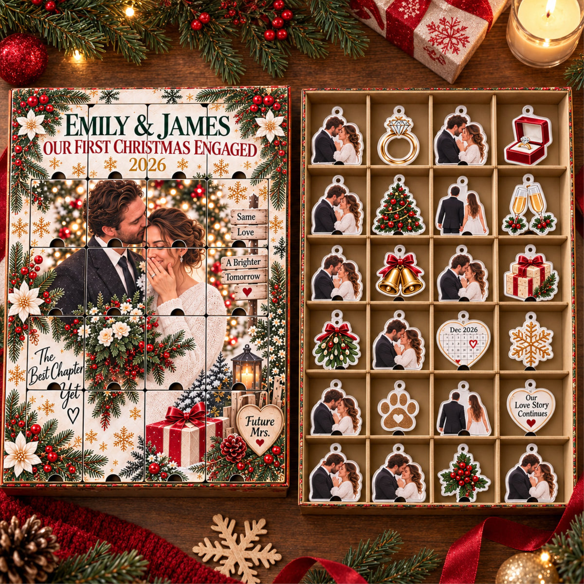 Personalized Our First Christmas Engaged Advent Calendar with 24 Photo Ornaments