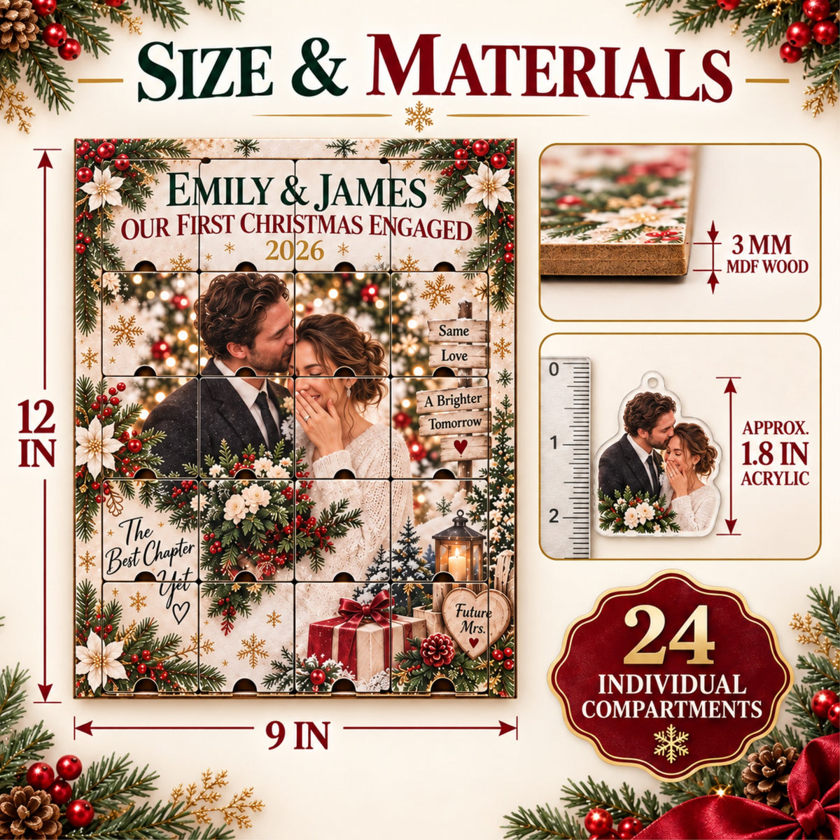 Personalized Our First Christmas Engaged Advent Calendar with 24 Photo Ornaments