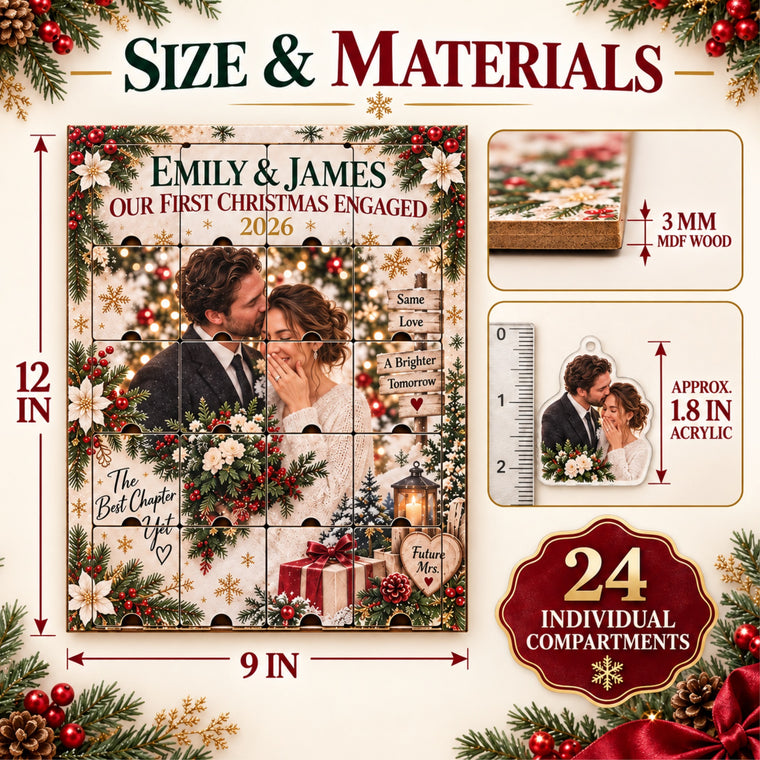 Personalized Our First Christmas Engaged Advent Calendar with 24 Photo Ornaments