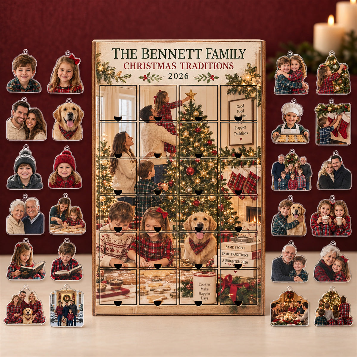 Personalized Family Christmas Traditions Advent Calendar with 24 Photo Ornaments