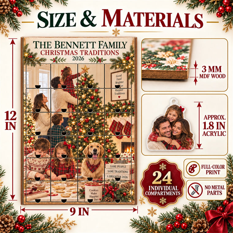 Personalized Family Christmas Traditions Advent Calendar with 24 Photo Ornaments
