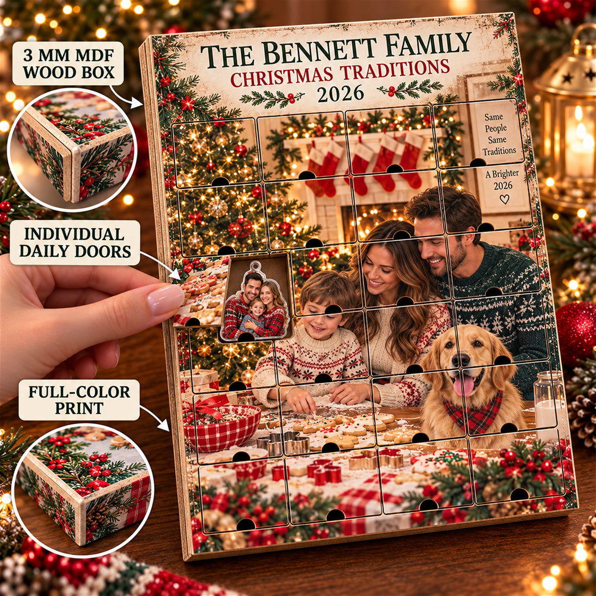 Personalized Family Christmas Traditions Advent Calendar with 24 Photo Ornaments