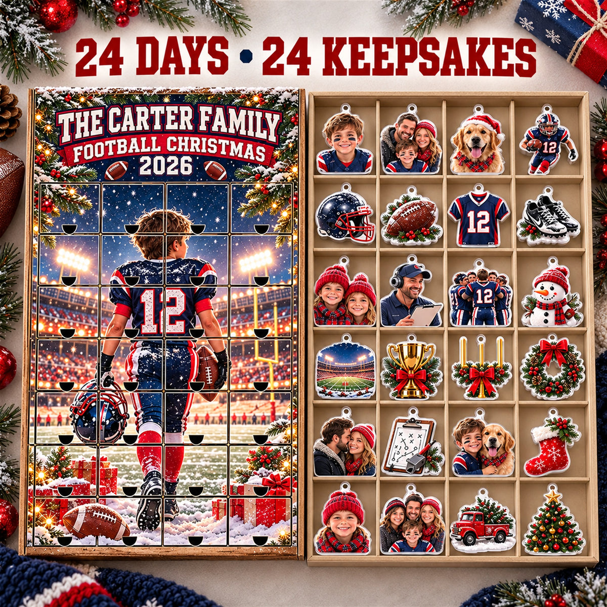 Personalized Football Family Advent Calendar with 24 Photo Ornaments