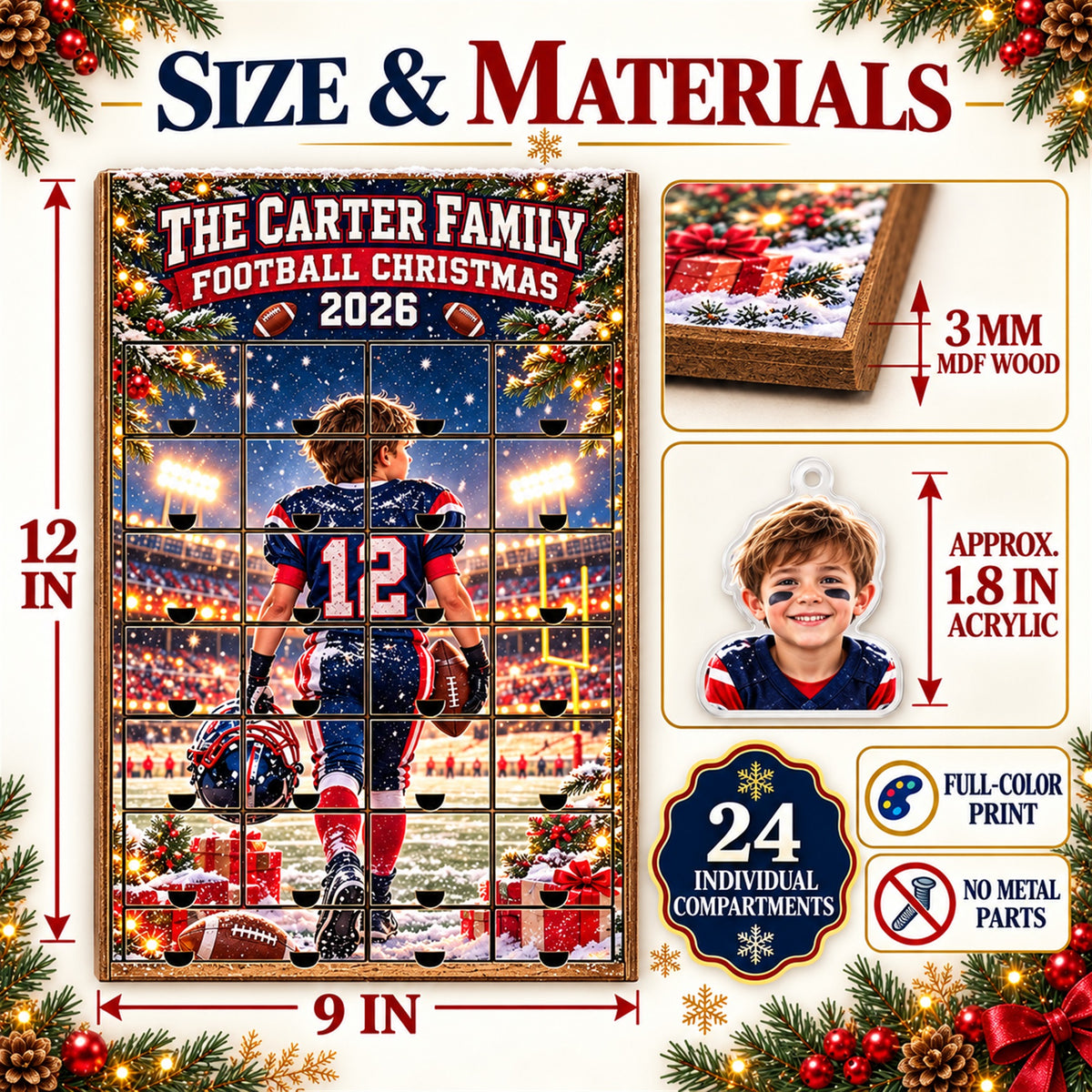 Personalized Football Family Advent Calendar with 24 Photo Ornaments