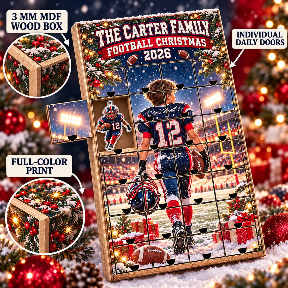 Personalized Football Family Advent Calendar with 24 Photo Ornaments