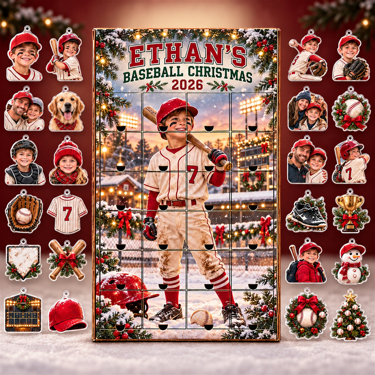 Personalized Baseball Player Advent Calendar with 24 Photo Ornaments