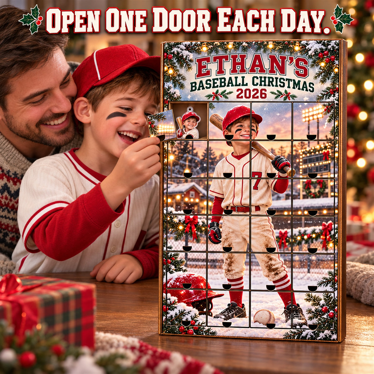 Personalized Baseball Player Advent Calendar with 24 Photo Ornaments