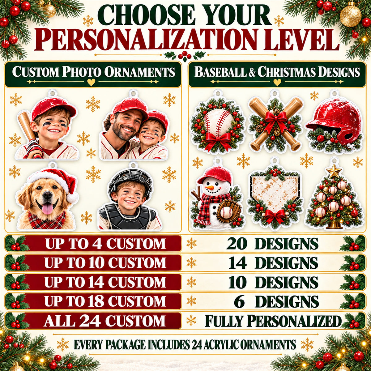 Personalized Baseball Player Advent Calendar with 24 Photo Ornaments