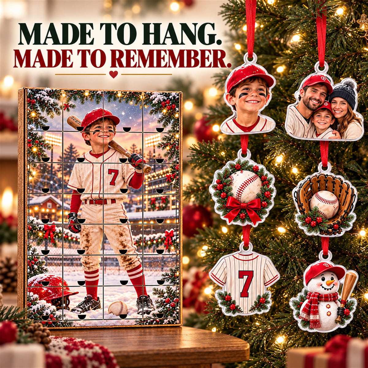 Personalized Baseball Player Advent Calendar with 24 Photo Ornaments