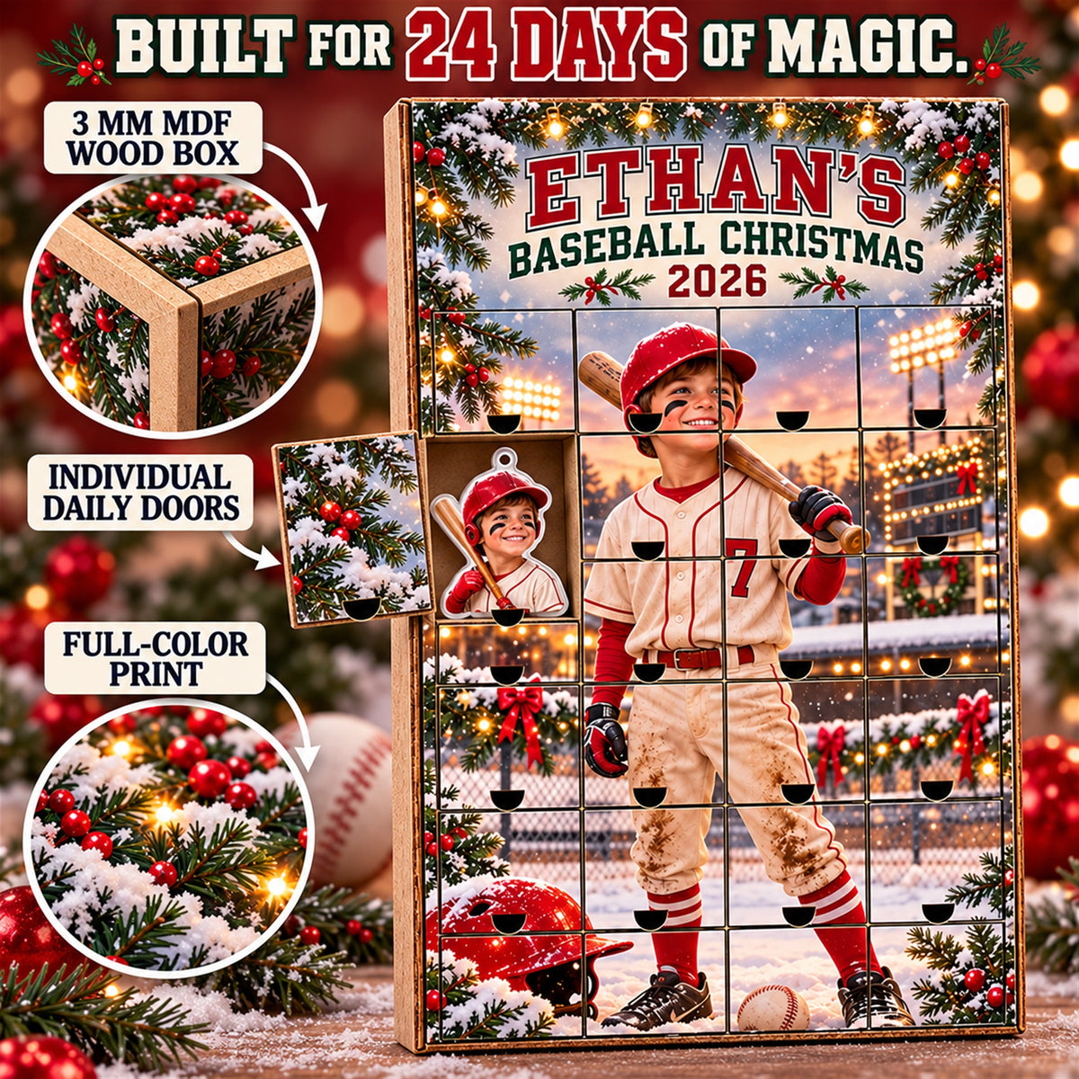 Personalized Baseball Player Advent Calendar with 24 Photo Ornaments