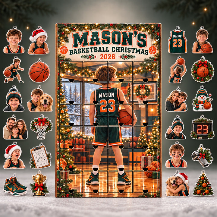 Personalized Basketball Player Advent Calendar with 24 Photo Ornaments