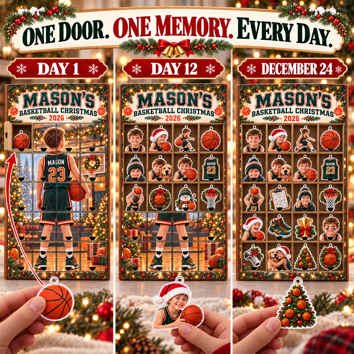 Personalized Basketball Player Advent Calendar with 24 Photo Ornaments