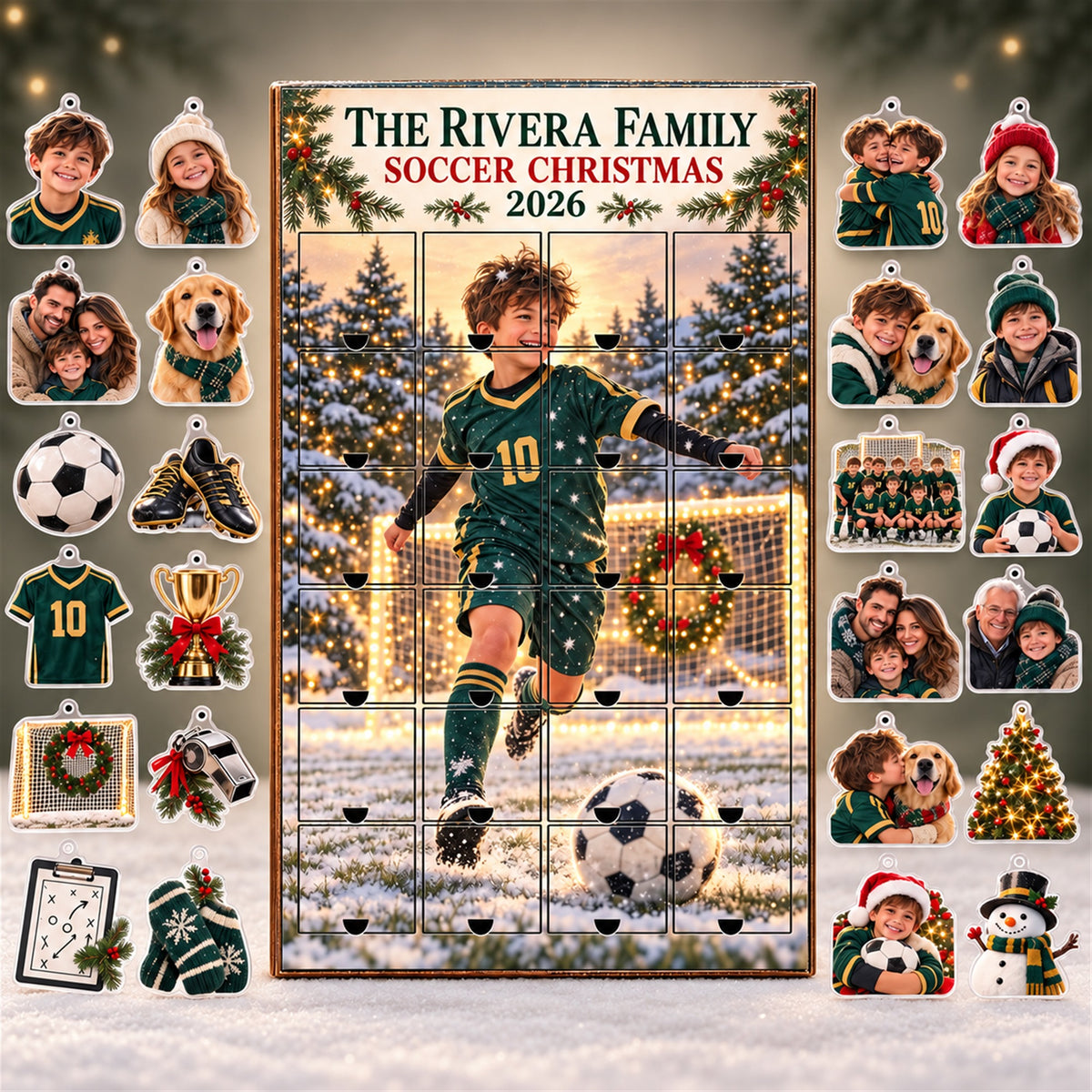 Personalized Soccer Family Advent Calendar with 24 Photo Ornaments