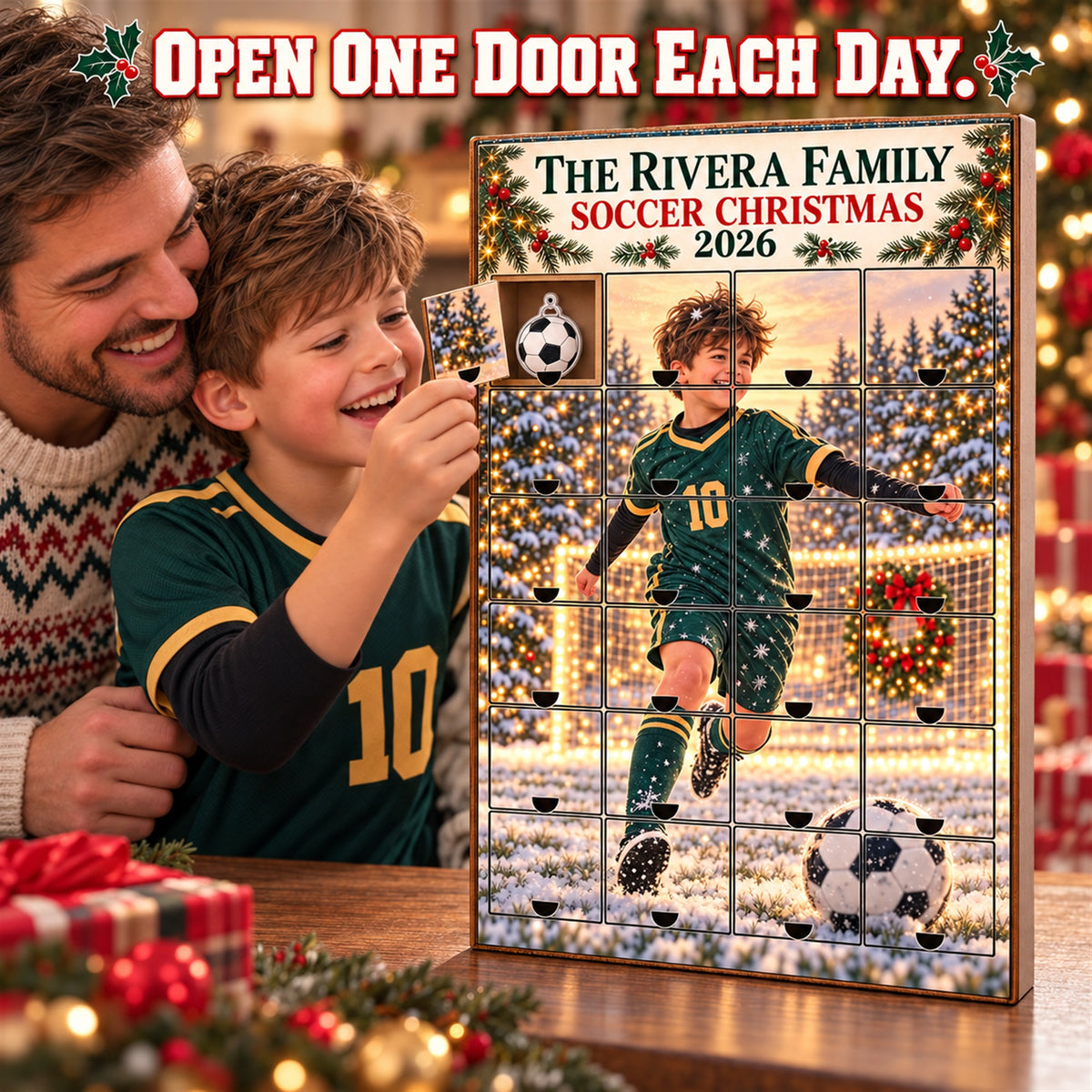 Personalized Soccer Family Advent Calendar with 24 Photo Ornaments