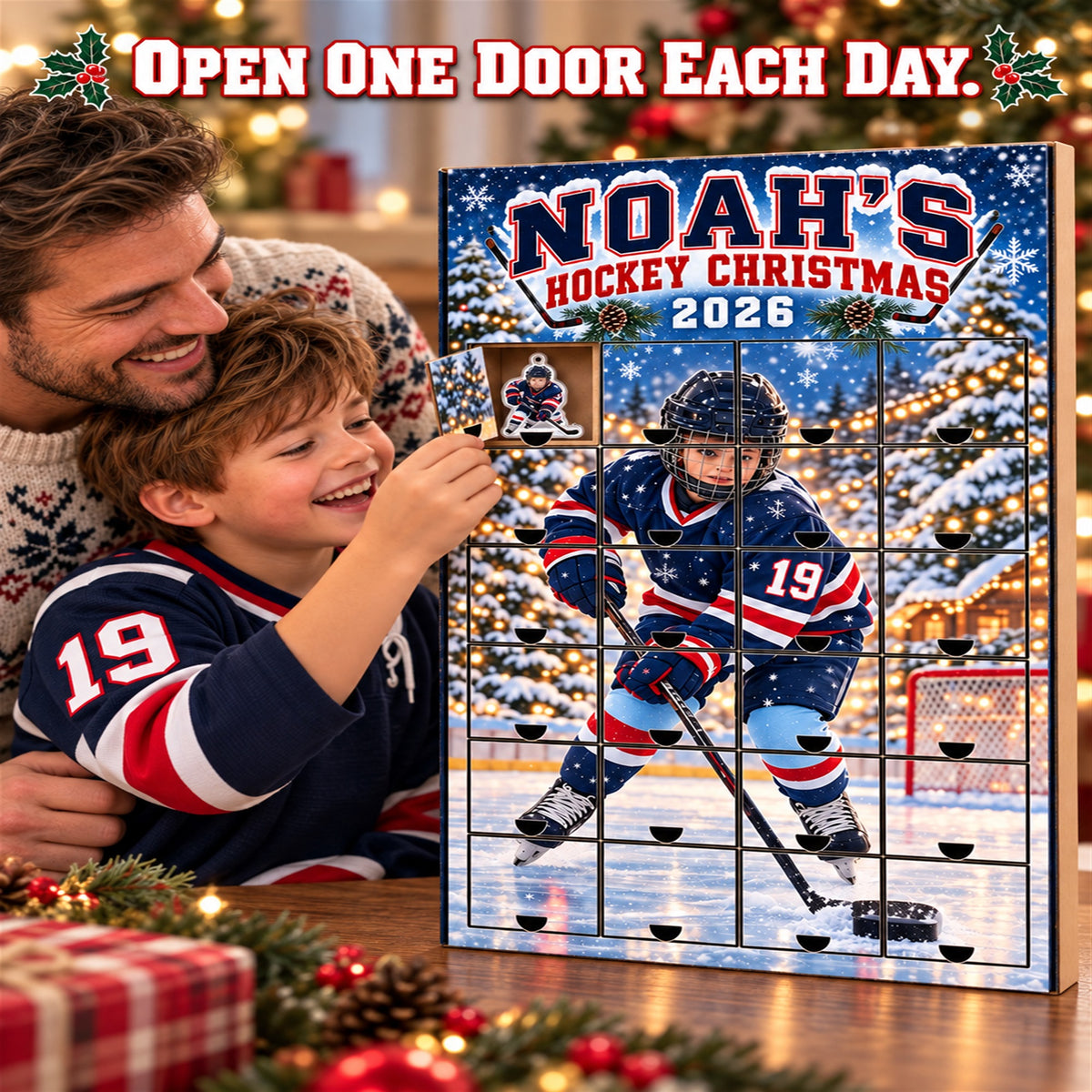 Personalized Ice Hockey Player Advent Calendar with 24 Photo Ornaments