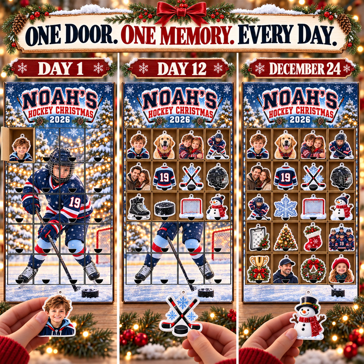 Personalized Ice Hockey Player Advent Calendar with 24 Photo Ornaments