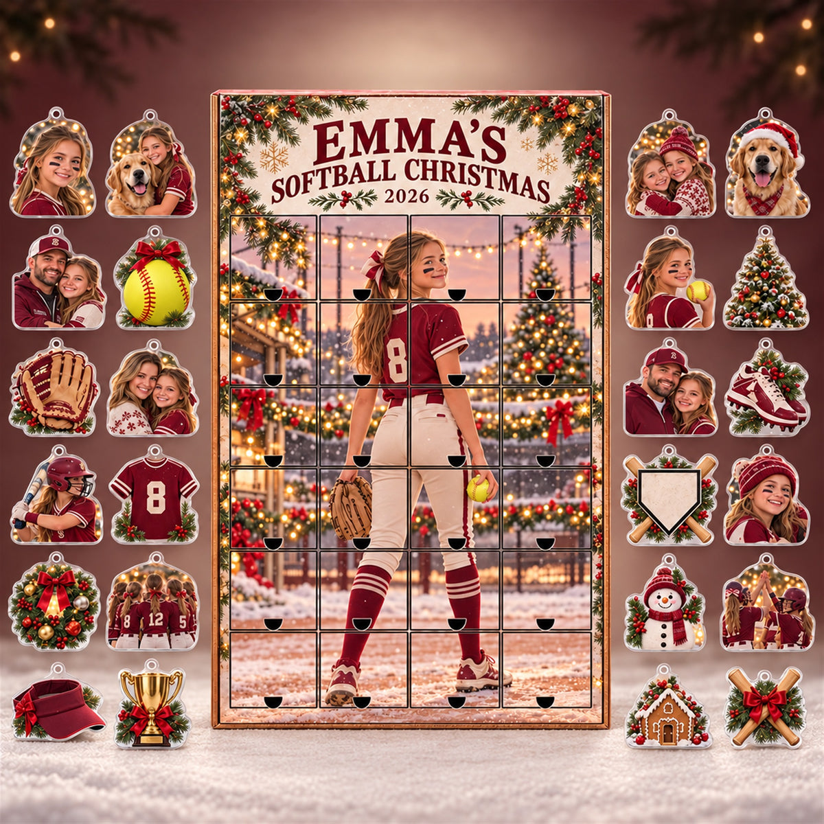Personalized Softball Player Advent Calendar with 24 Photo Ornaments
