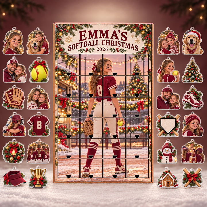 Personalized Softball Player Advent Calendar with 24 Photo Ornaments