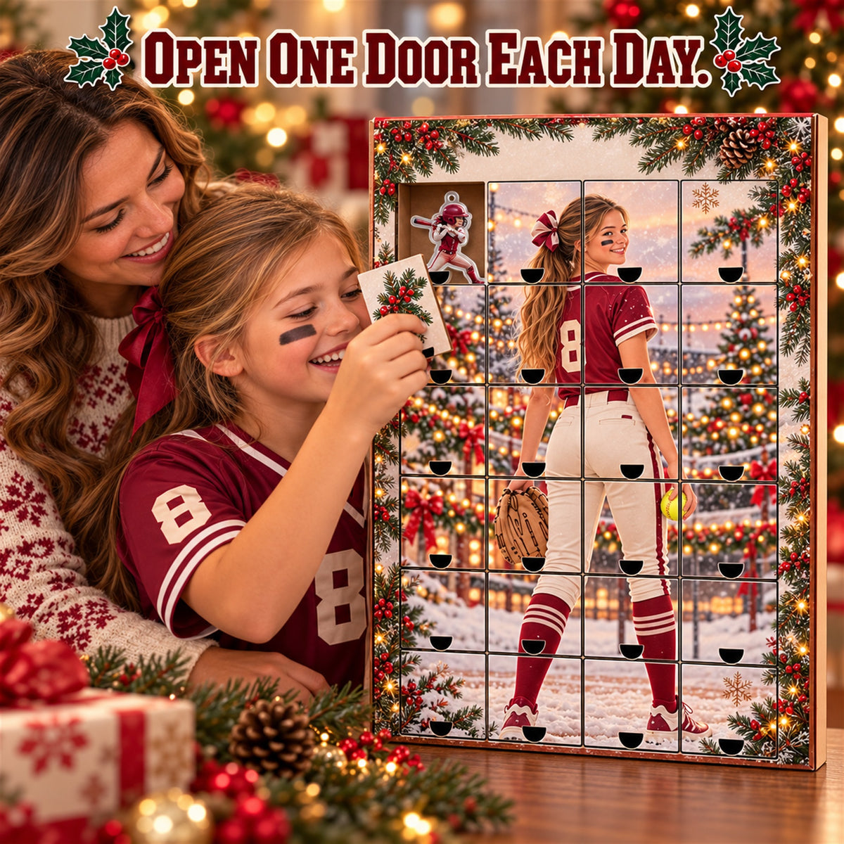 Personalized Softball Player Advent Calendar with 24 Photo Ornaments