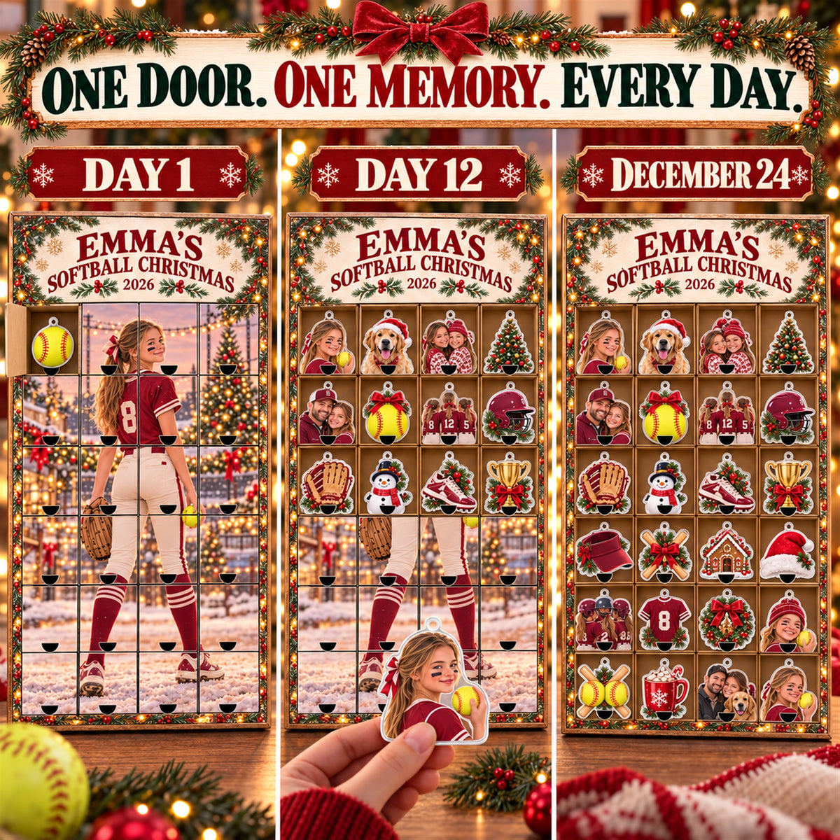 Personalized Softball Player Advent Calendar with 24 Photo Ornaments