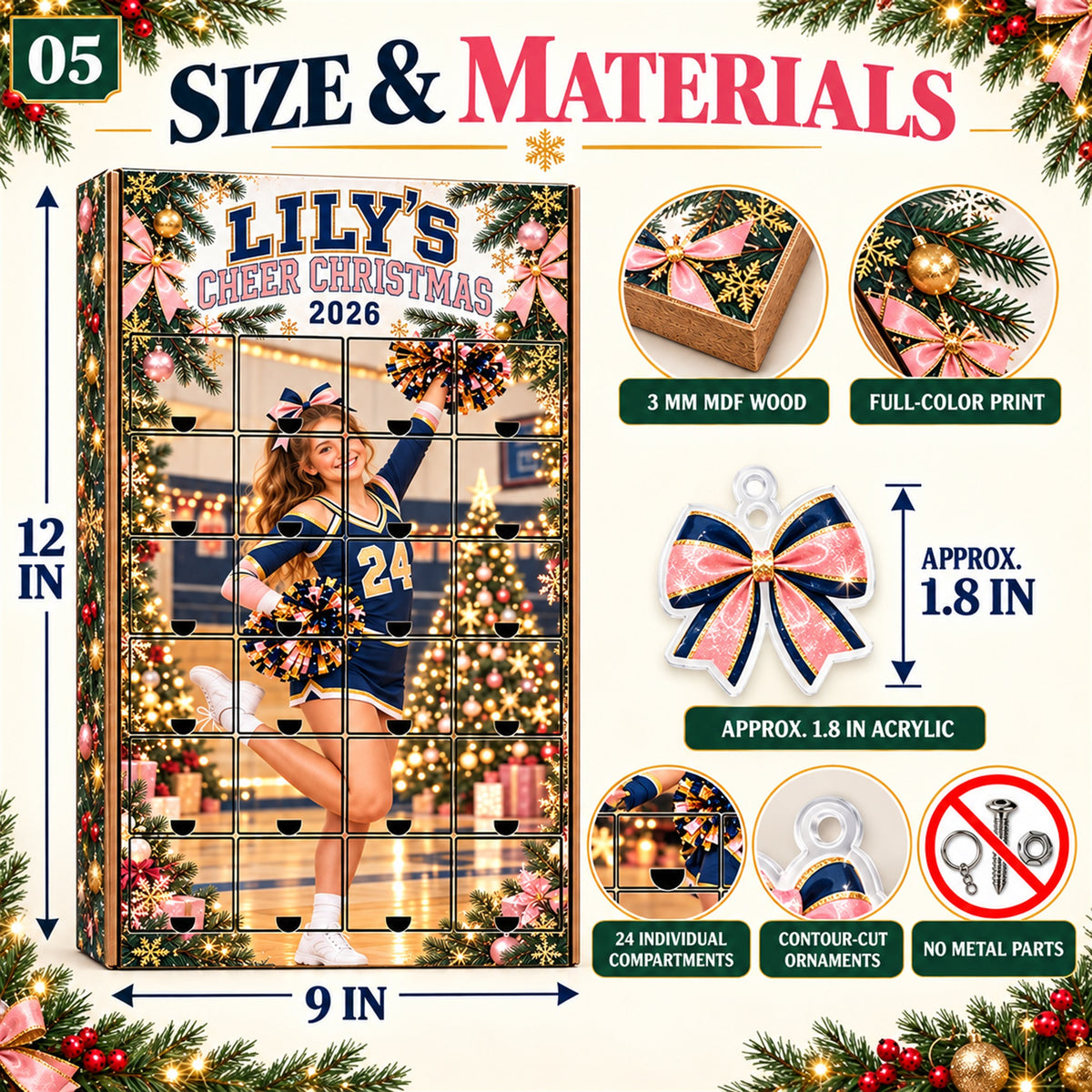 Personalized Cheerleading Team Advent Calendar with 24 Photo Ornaments