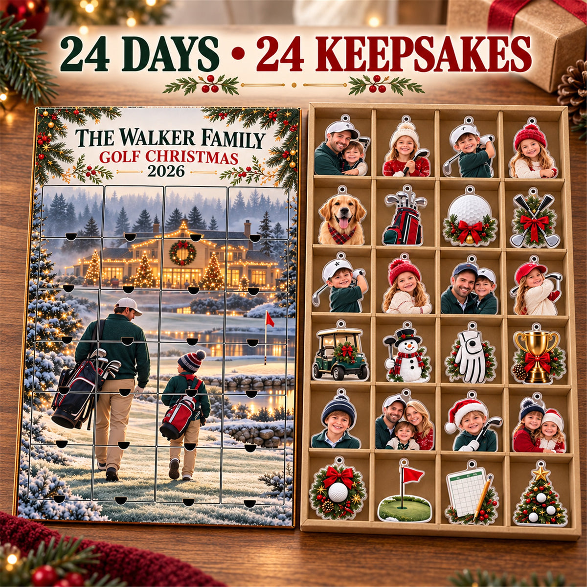Personalized Golf Family Advent Calendar with 24 Photo Ornaments