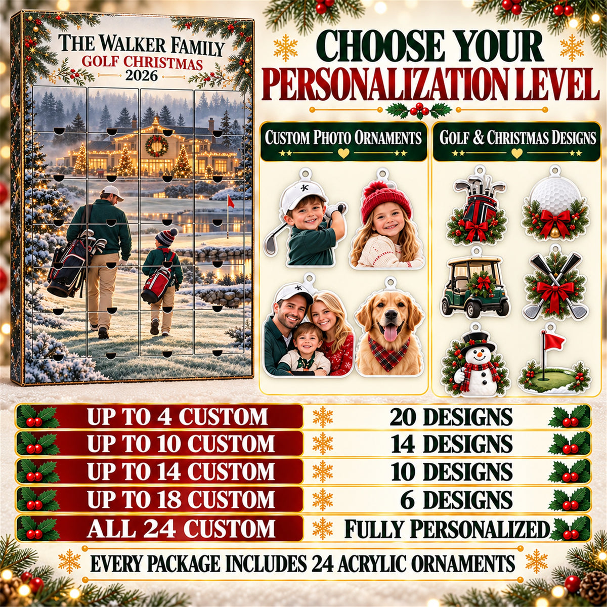 Personalized Golf Family Advent Calendar with 24 Photo Ornaments