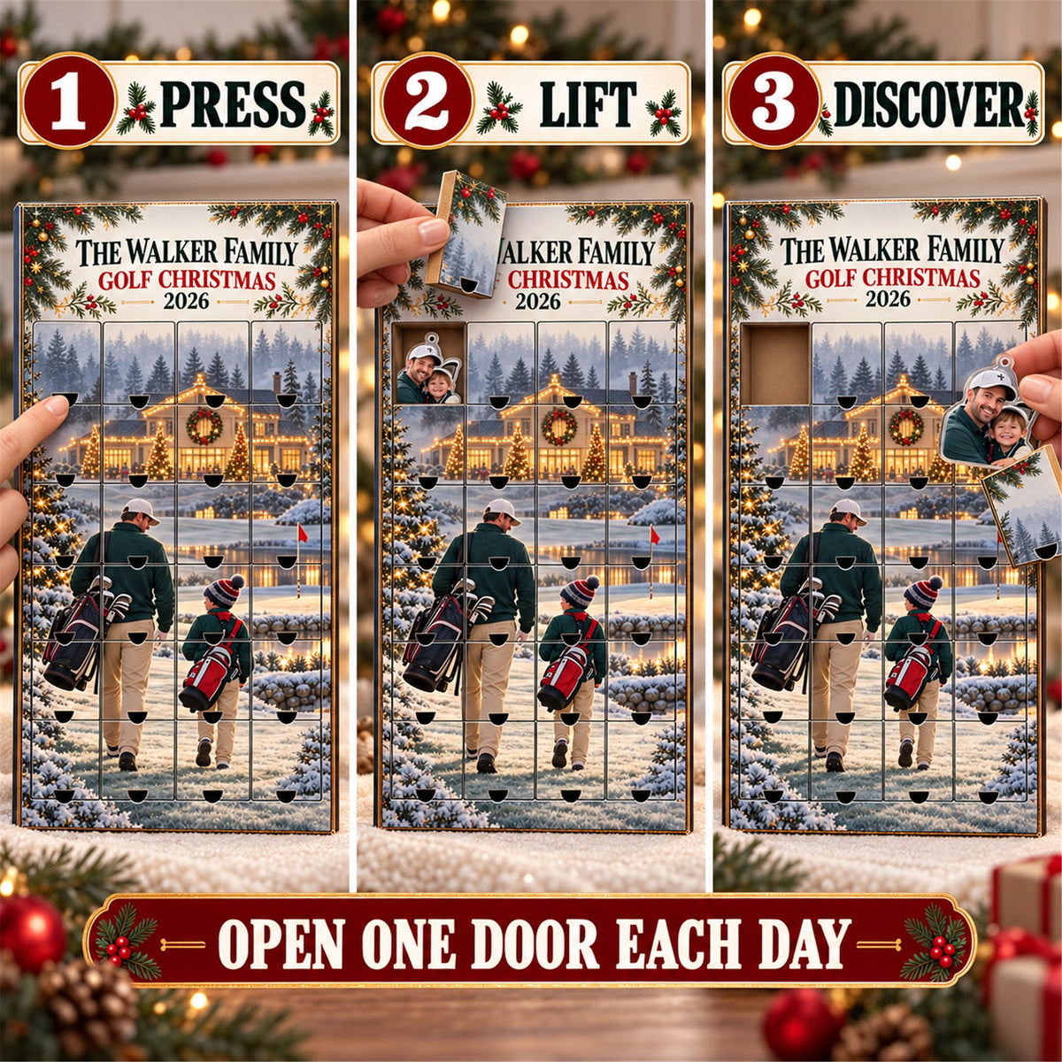 Personalized Golf Family Advent Calendar with 24 Photo Ornaments