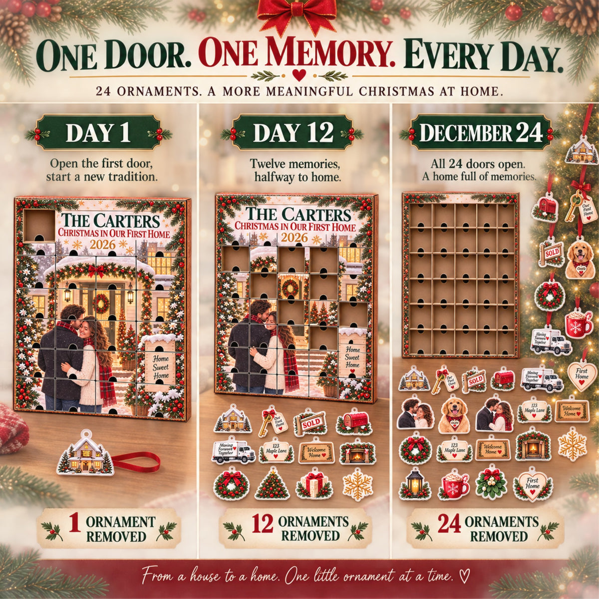 Personalized Christmas In Our First Home Advent Calendar with 24 Photo Ornaments