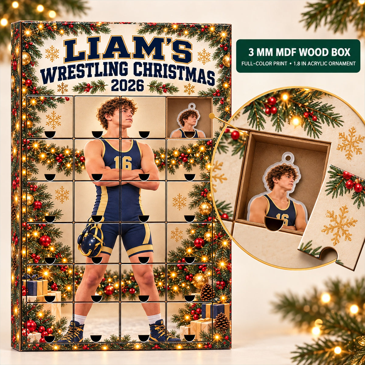 Personalized Wrestling Athlete Advent Calendar with 24 Photo Ornaments