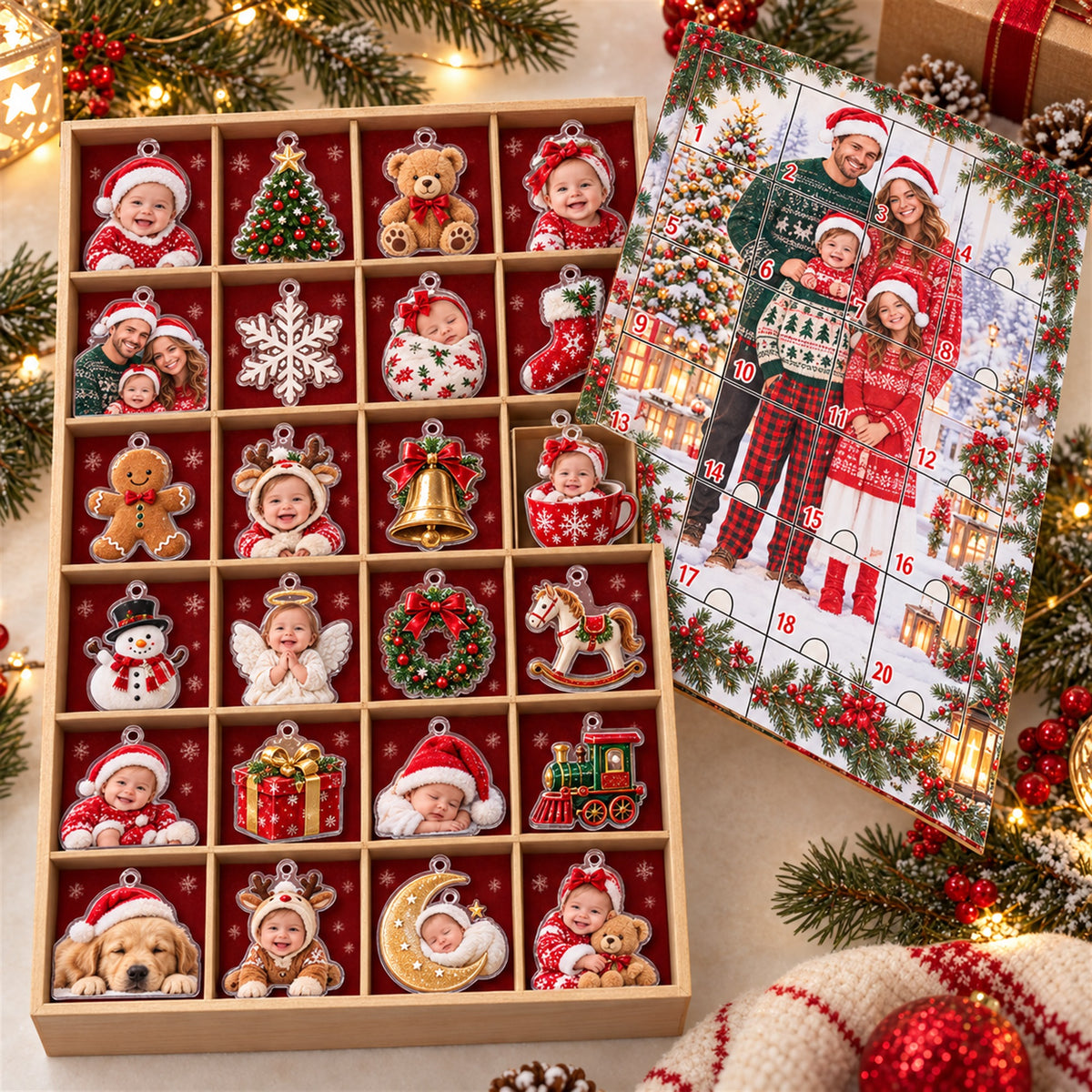 Personalized Baby's First Christmas Photo Advent Calendar with 24 Photo Ornaments