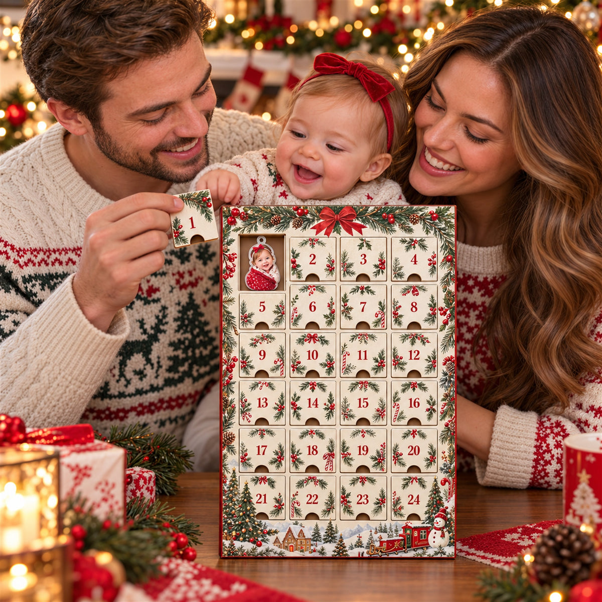 Personalized Baby's First Christmas Photo Advent Calendar with 24 Photo Ornaments