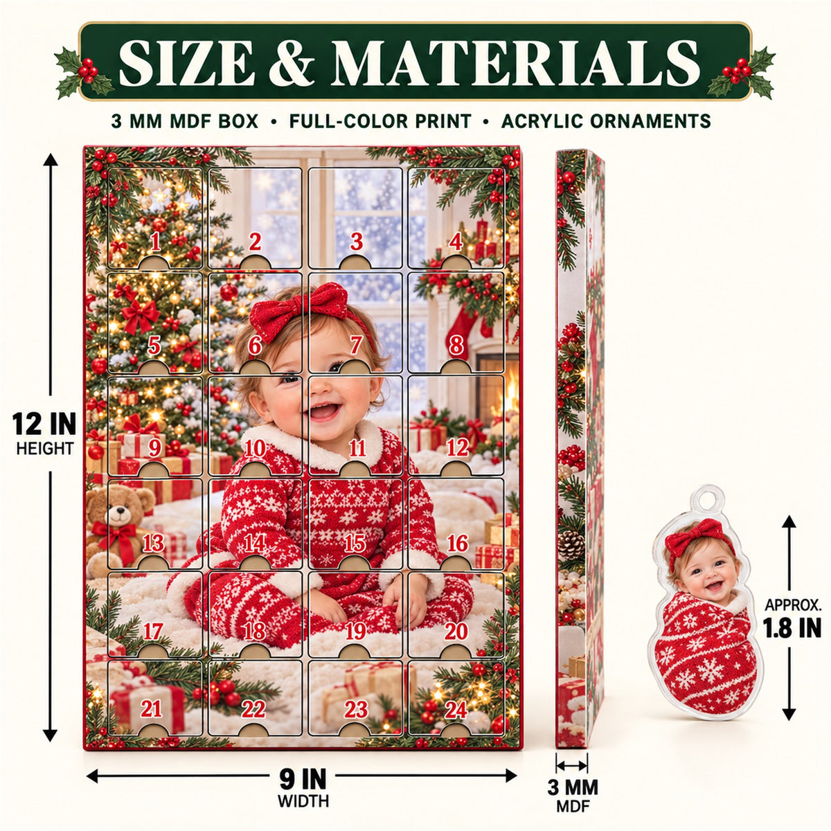 Personalized Baby's First Christmas Photo Advent Calendar with 24 Photo Ornaments