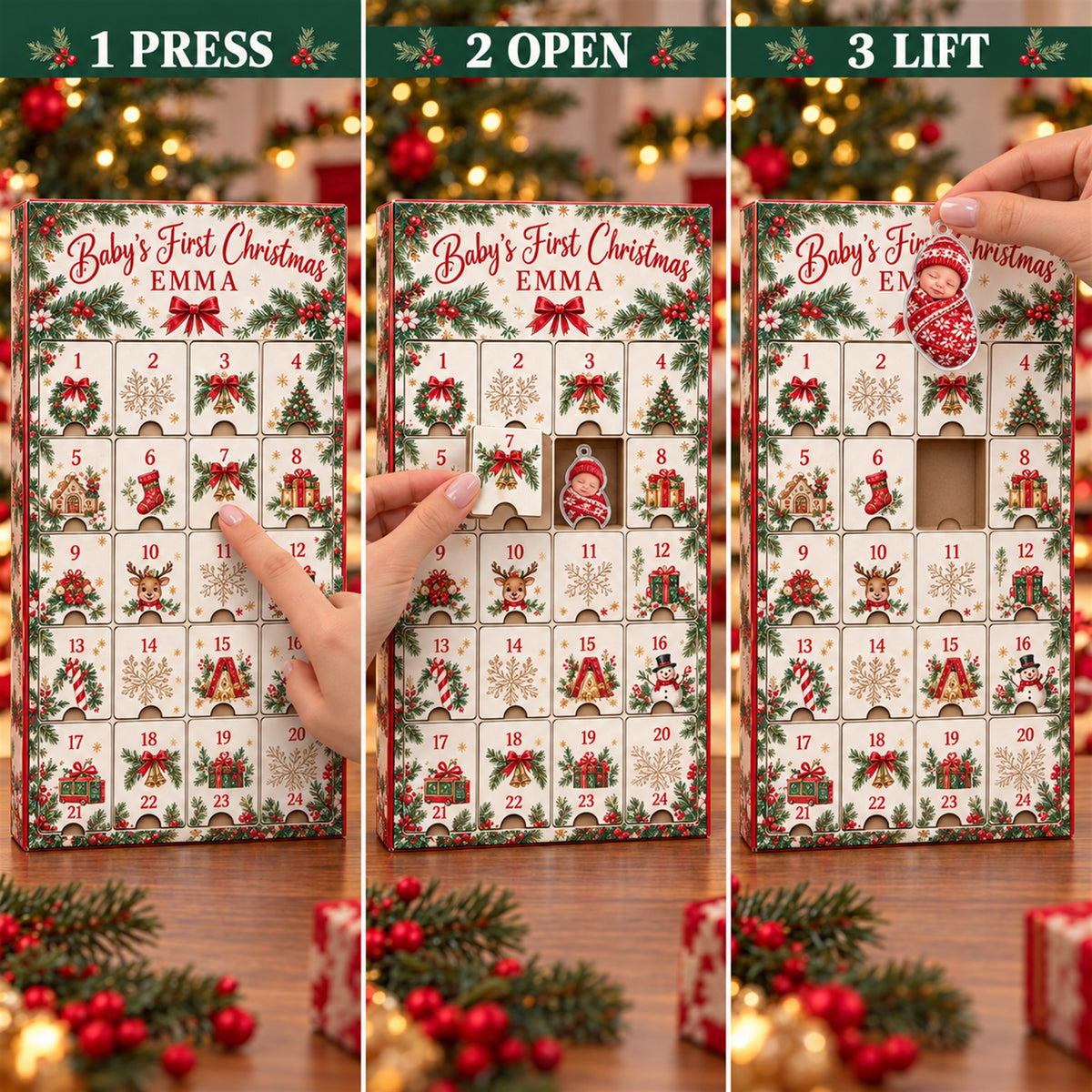 Personalized Baby's First Christmas Photo Advent Calendar with 24 Photo Ornaments