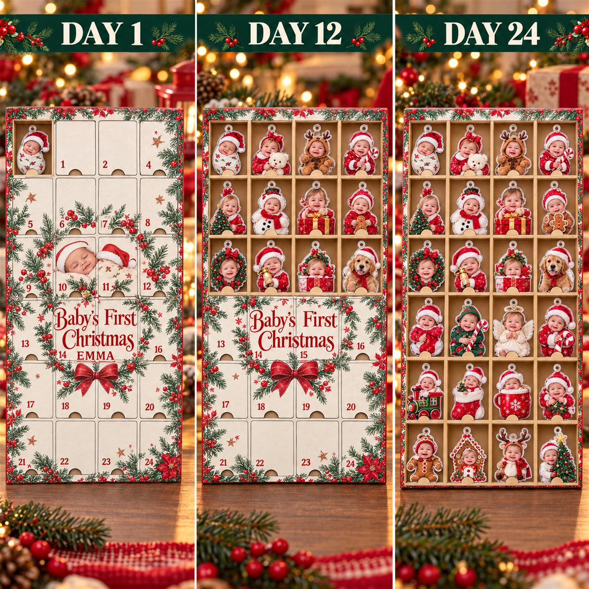 Personalized Baby's First Christmas Photo Advent Calendar with 24 Photo Ornaments