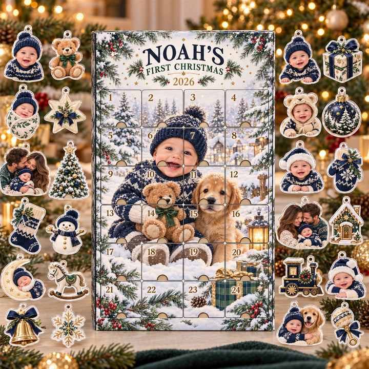 Personalized Baby Boy First Christmas Advent Calendar with 24 Photo Ornaments