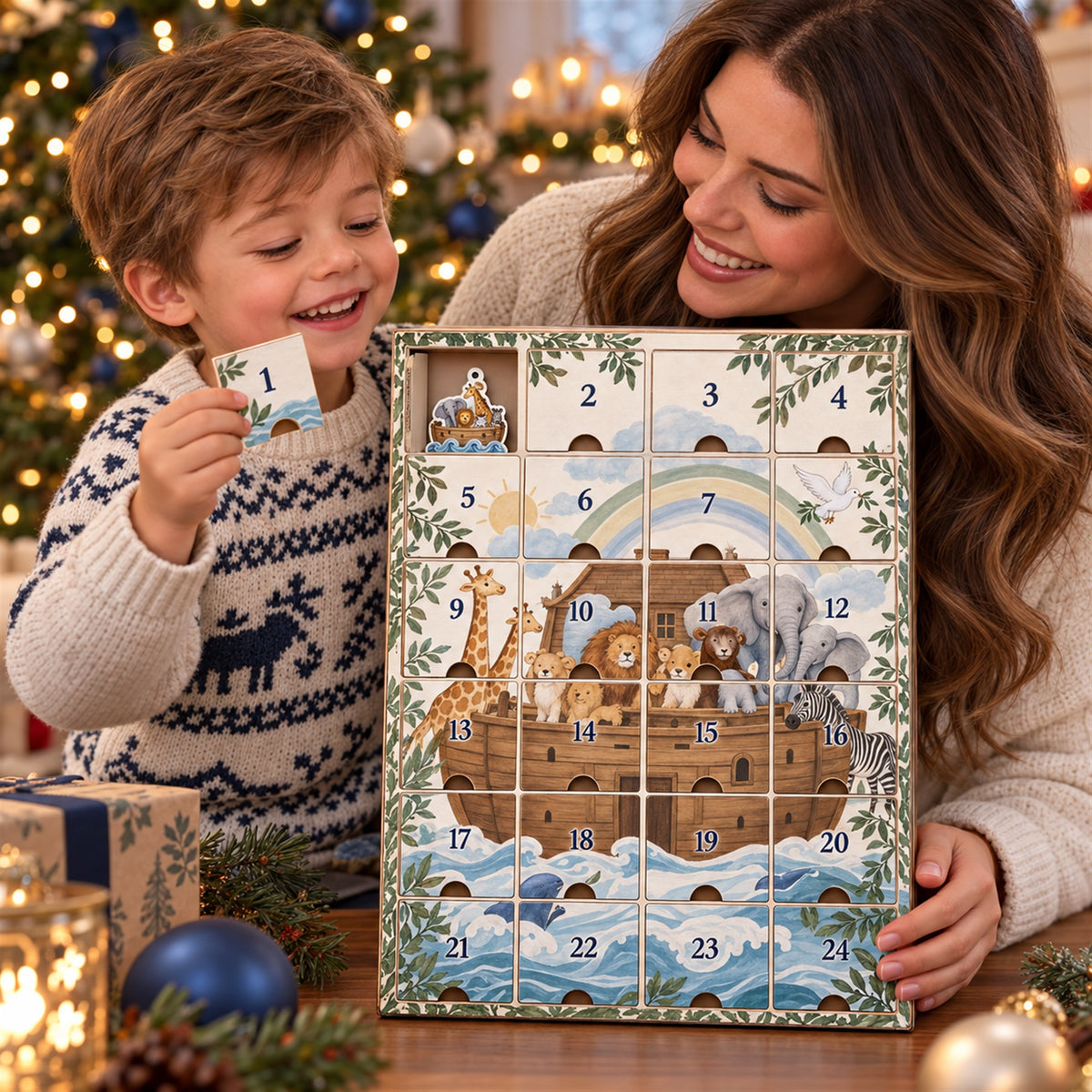 Personalized Baby Boy First Christmas Advent Calendar with 24 Photo Ornaments