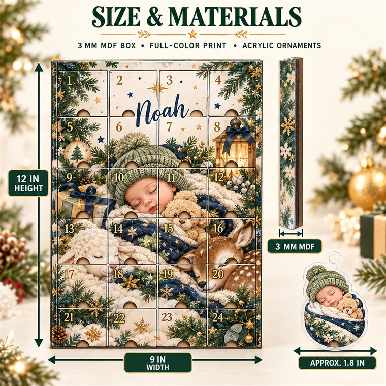 Personalized Baby Boy First Christmas Advent Calendar with 24 Photo Ornaments