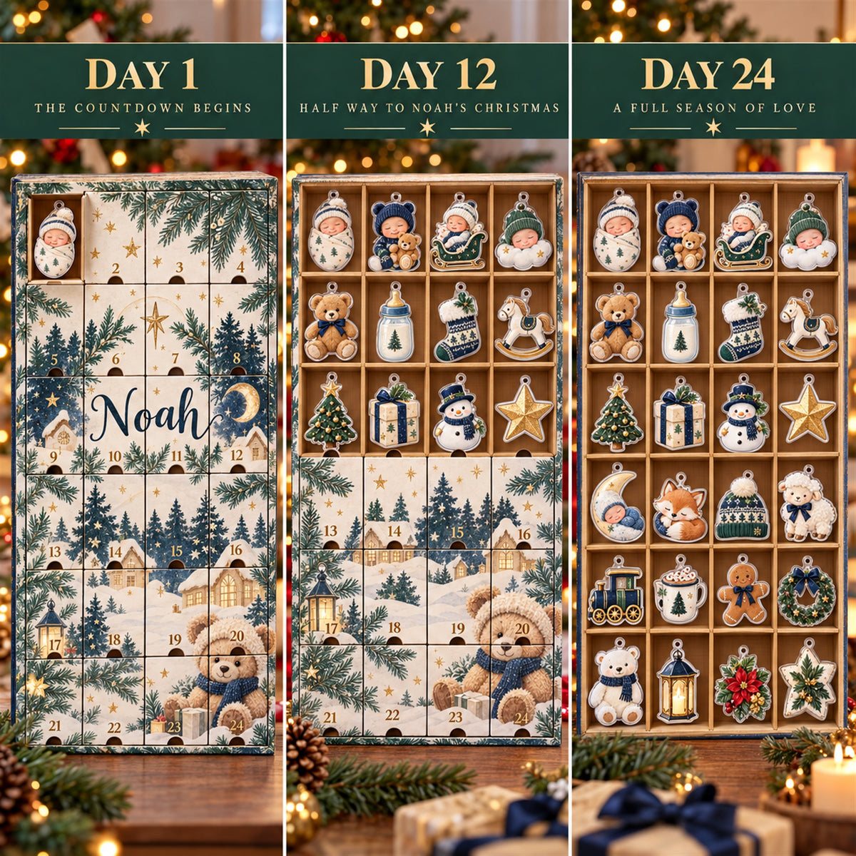 Personalized Baby Boy First Christmas Advent Calendar with 24 Photo Ornaments