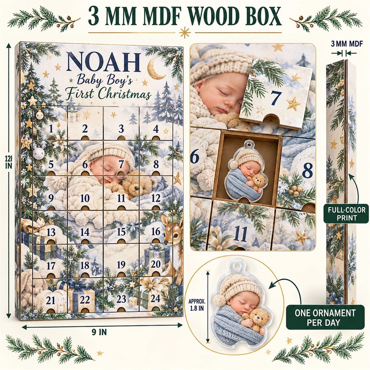 Personalized Baby Boy First Christmas Advent Calendar with 24 Photo Ornaments