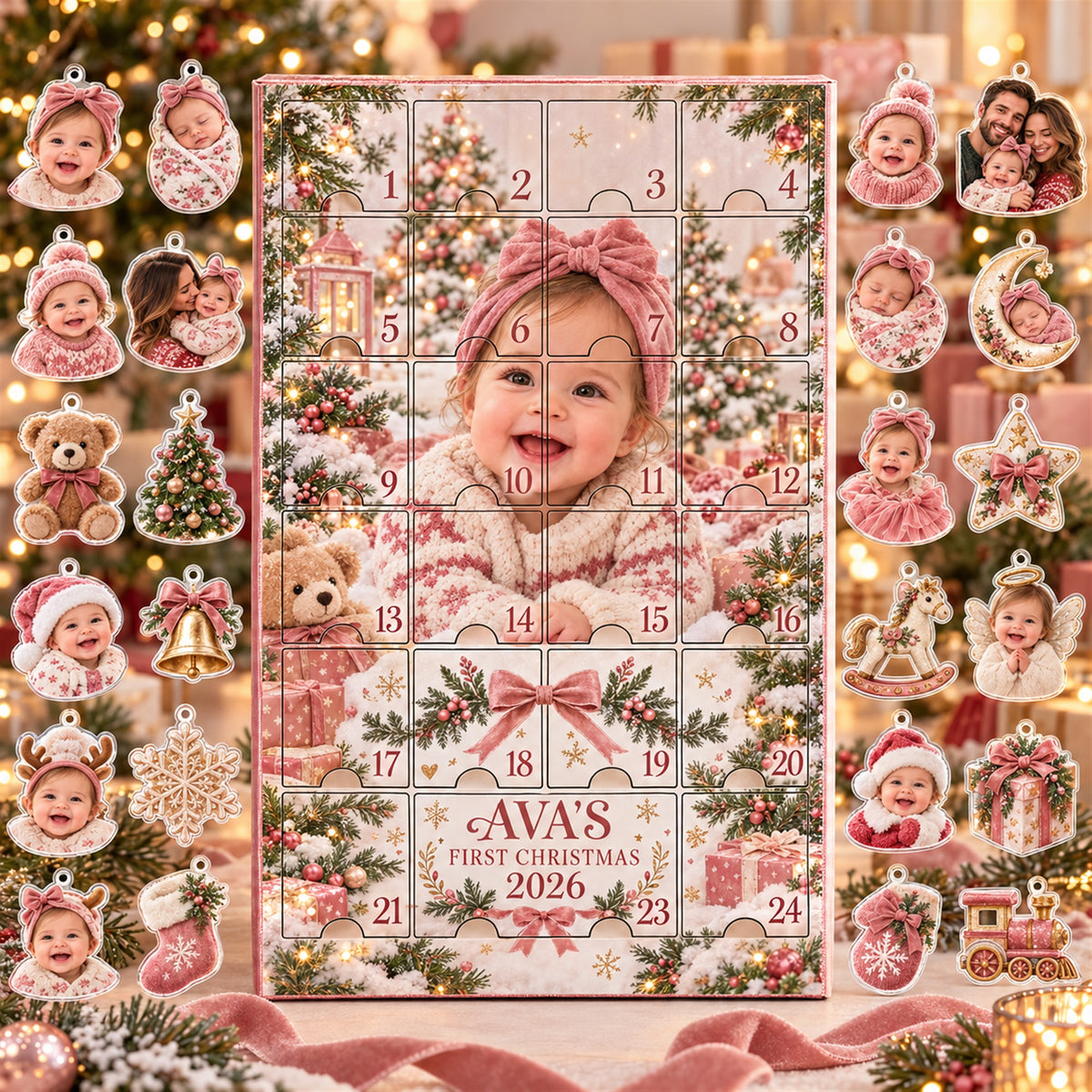 Personalized Baby Girl First Christmas Advent Calendar with 24 Photo Ornaments