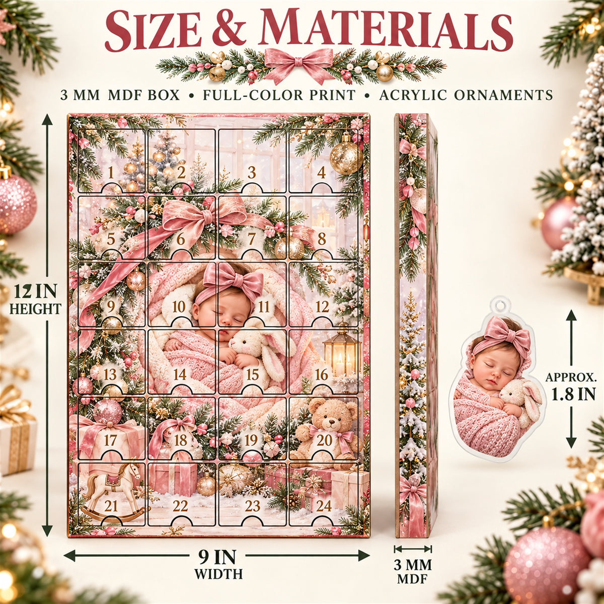 Personalized Baby Girl First Christmas Advent Calendar with 24 Photo Ornaments