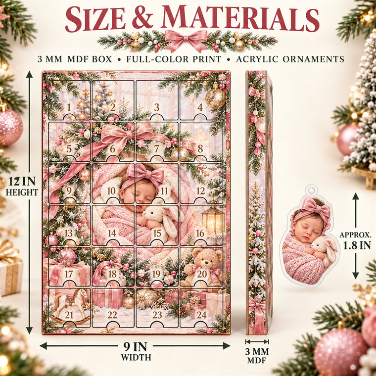 Personalized Baby Girl First Christmas Advent Calendar with 24 Photo Ornaments