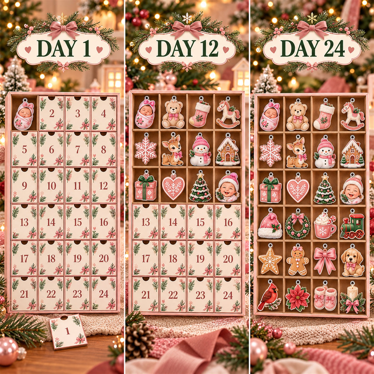 Personalized Baby Girl First Christmas Advent Calendar with 24 Photo Ornaments