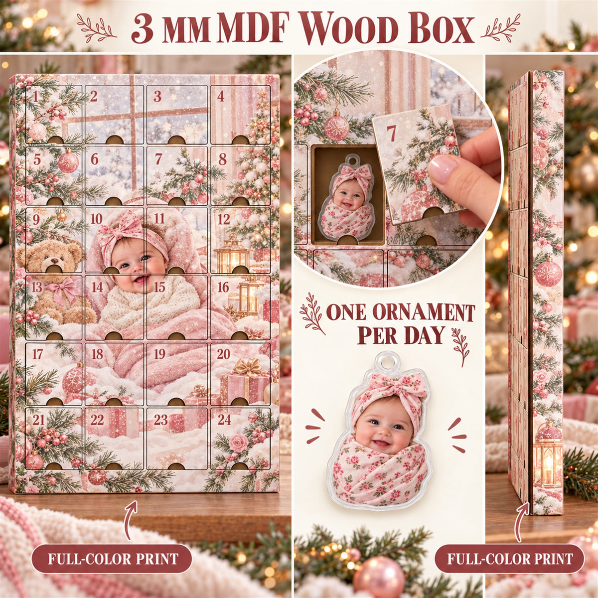 Personalized Baby Girl First Christmas Advent Calendar with 24 Photo Ornaments