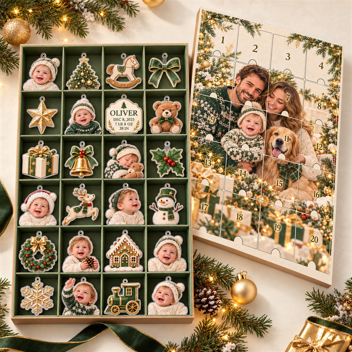 Personalized Baby Birth Stats Advent Calendar with 24 Photo Ornaments