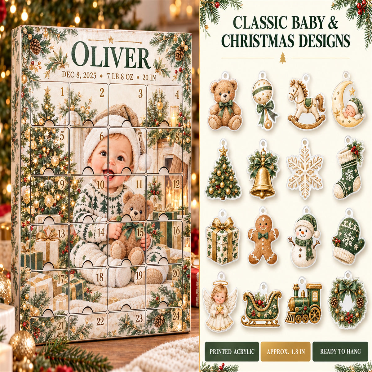 Personalized Baby Birth Stats Advent Calendar with 24 Photo Ornaments