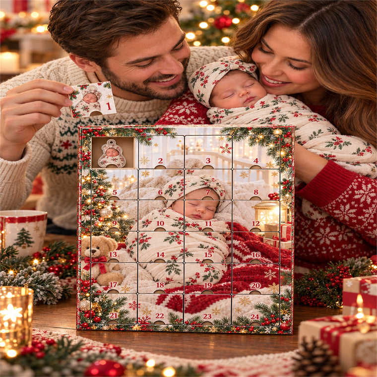 Personalized Newborn First Christmas Advent Calendar with 24 Photo Ornaments